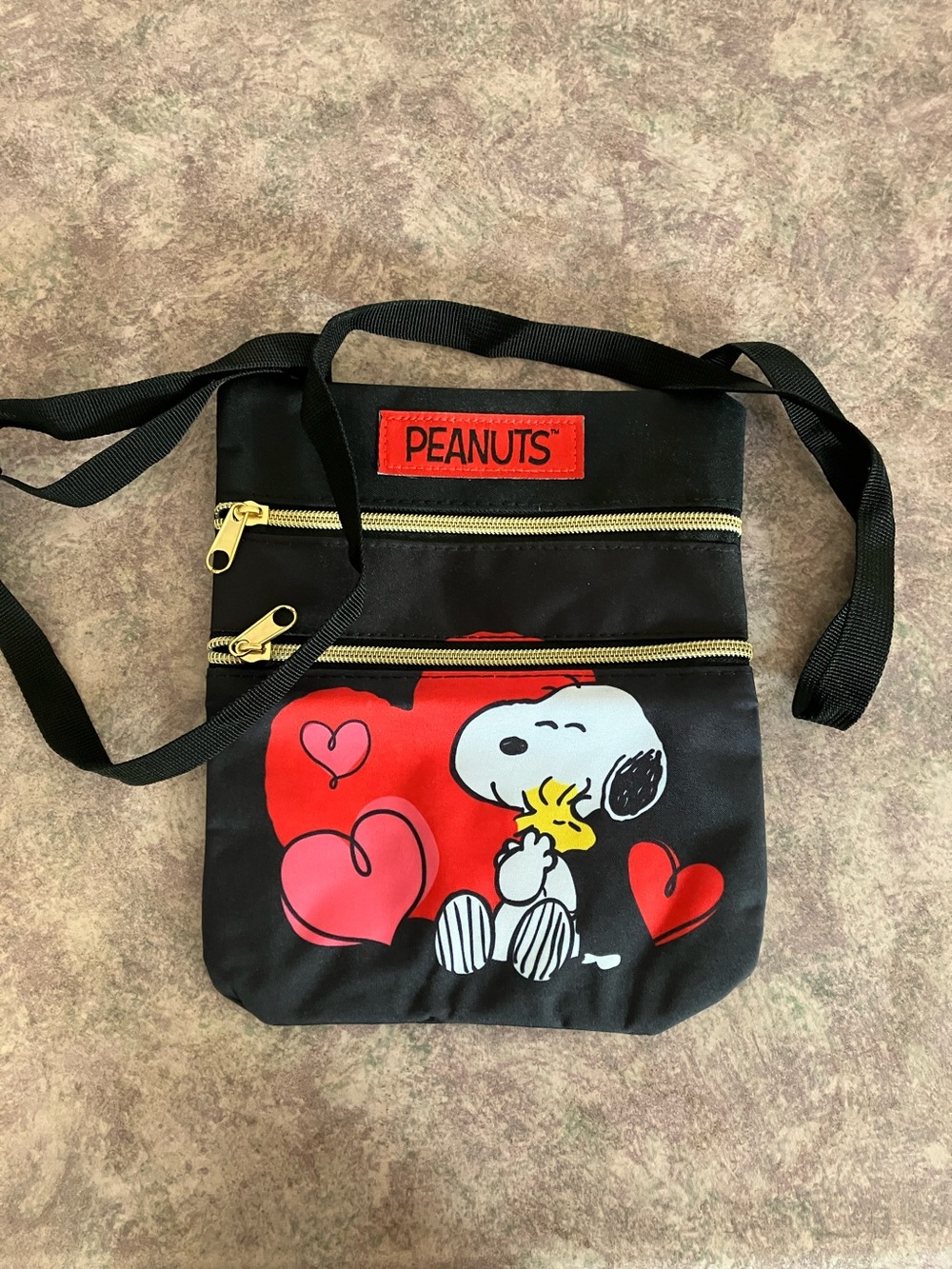 Peanuts Black Crossbody Messenger Bag with Red Heart Snoopy Graphic